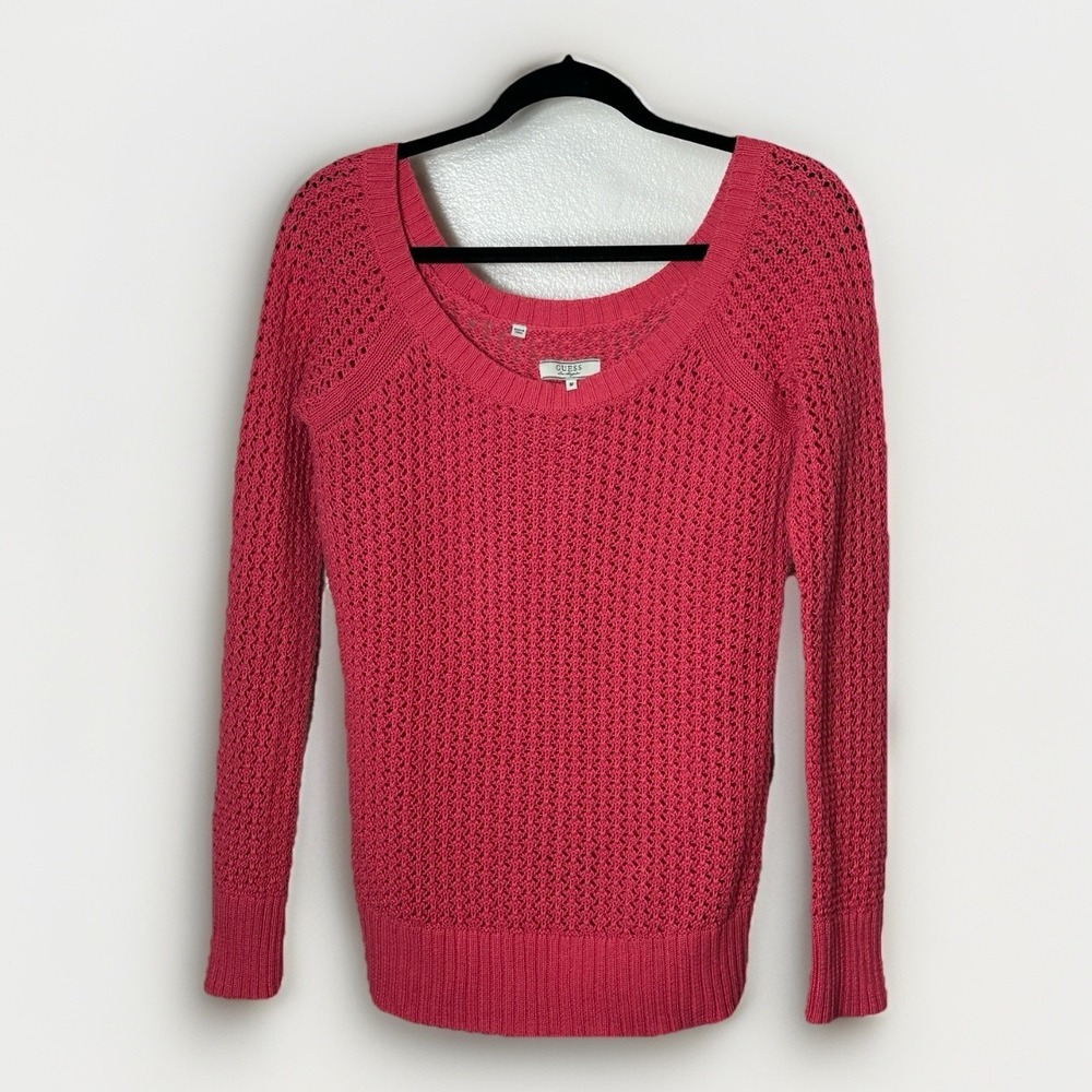 Guess‎ Women's Medium Coral Sweater Long Sleeve Scoop Neck Open Knit 100% Cotton